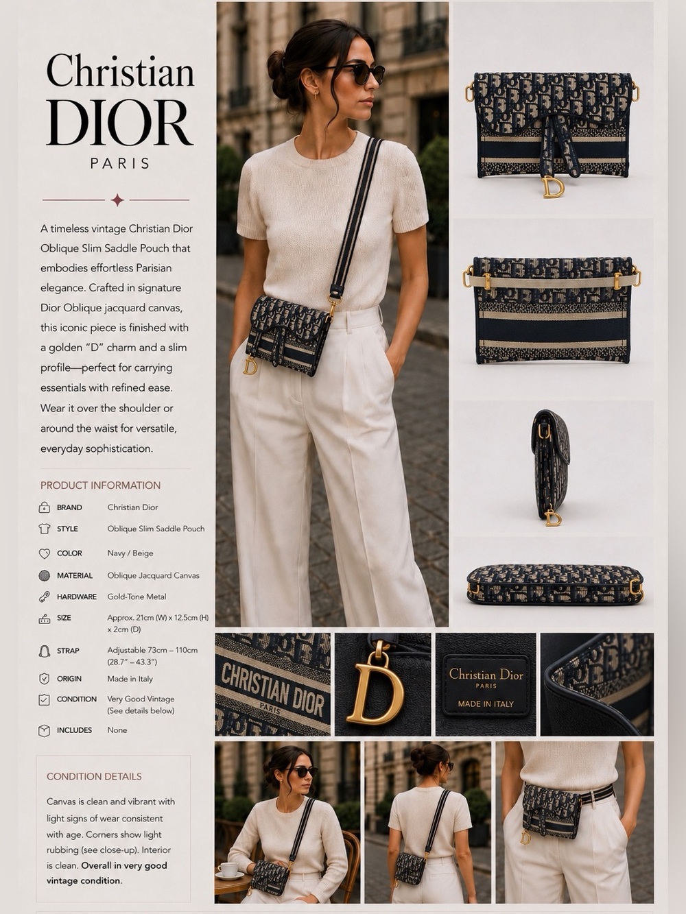 Like New Christian Dior Oblique Slim Saddle Belt Pouch , White & Blue Oblique